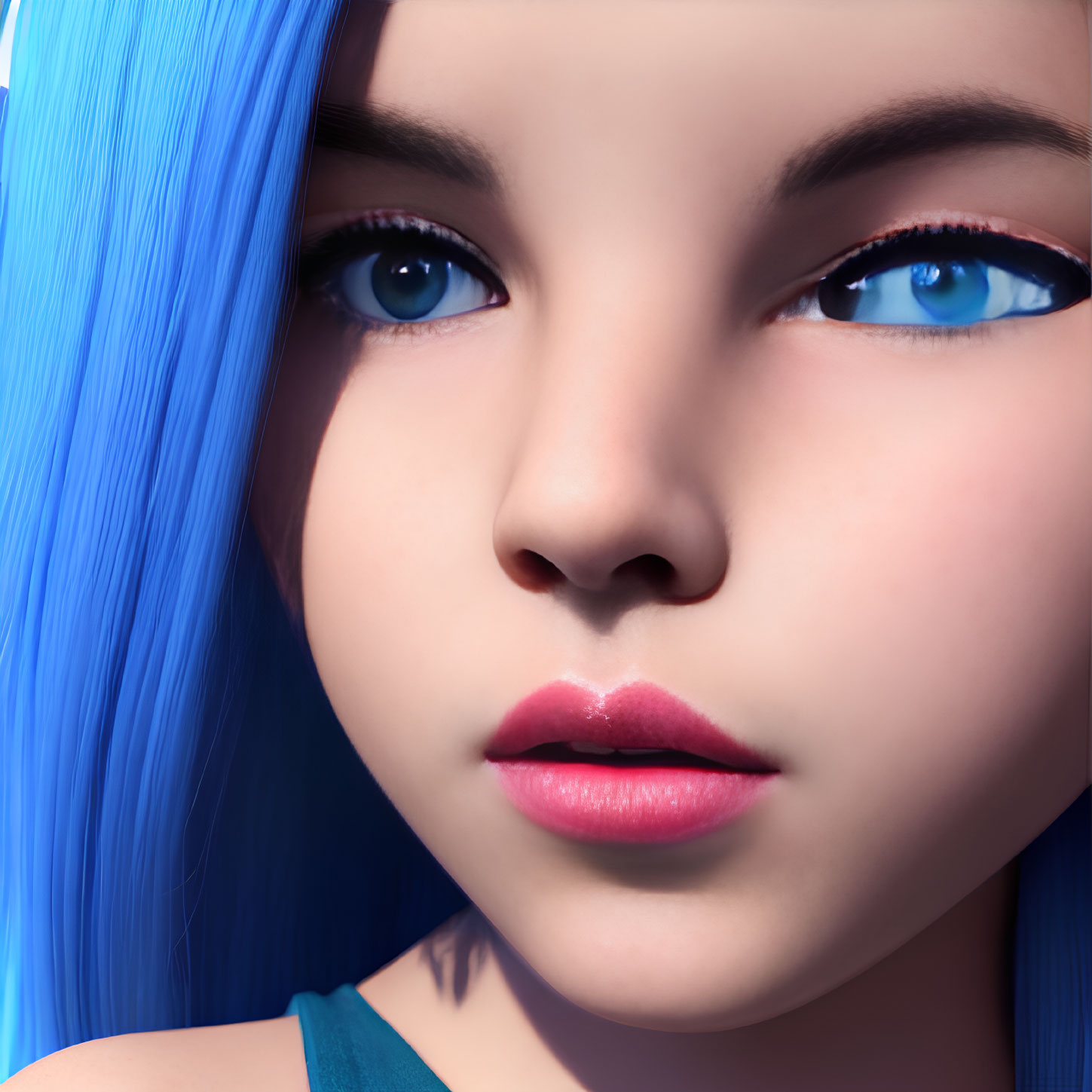 3D-rendered female character with blue hair and pink lips