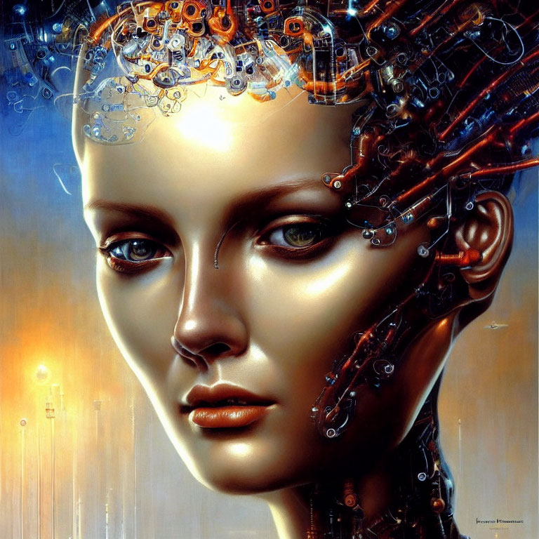 Detailed Close-Up of Female Android's Mechanical Head Against Glowing Backdrop