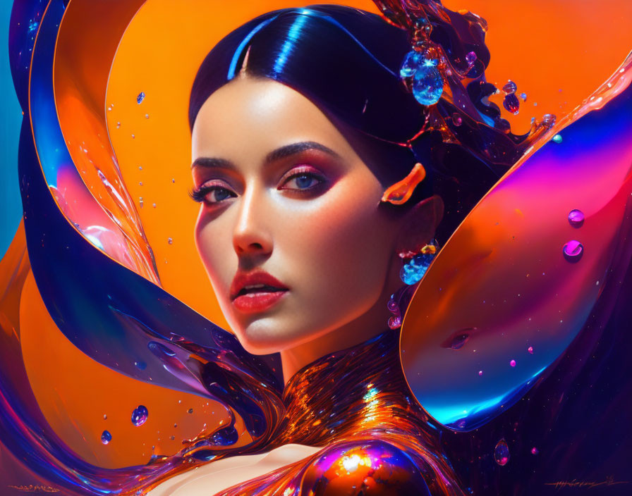 Colorful portrait of woman with sleek hair and iridescent liquid swirls