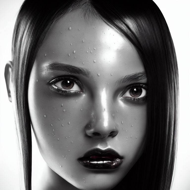 Portrait of woman with straight hair and glistening skin in monochrome.