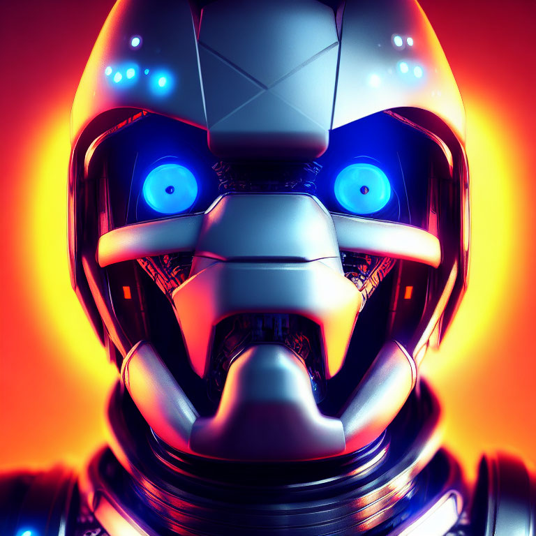 Futuristic robot with white helmet and glowing blue eyes