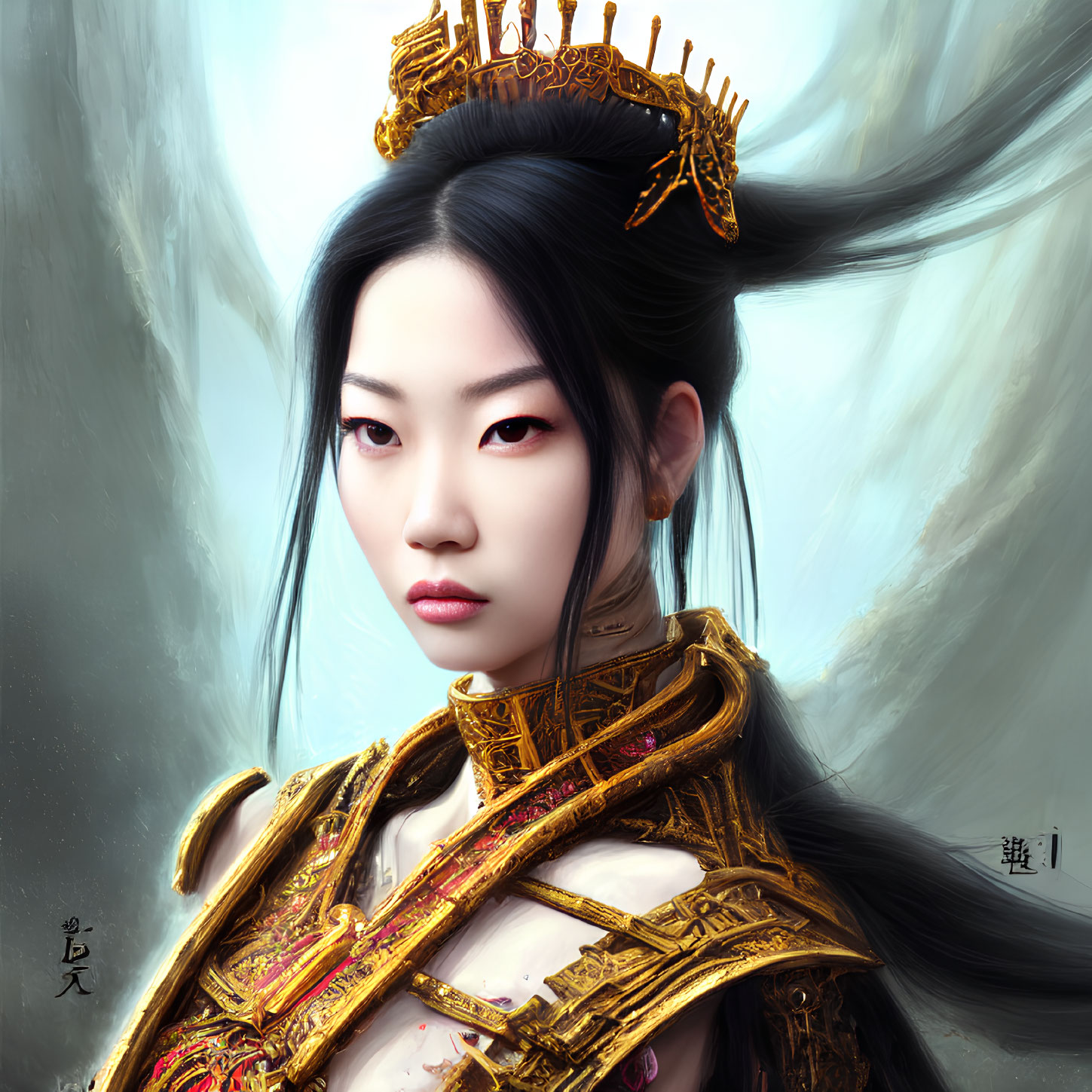 Regal Woman in Golden Crown and Armor with Flowing Black Hair