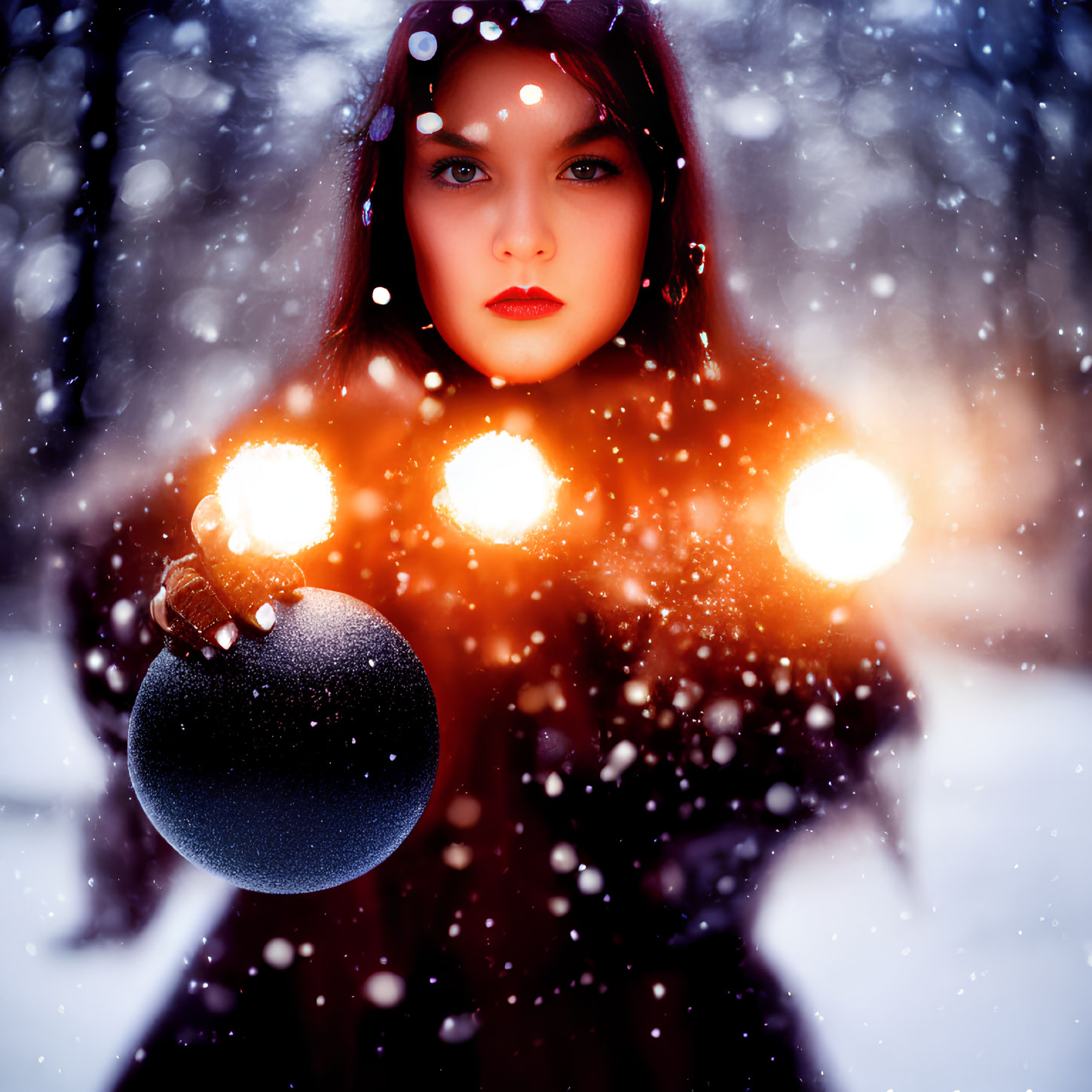 Woman holding illuminated orb in winter setting with enchanting gaze