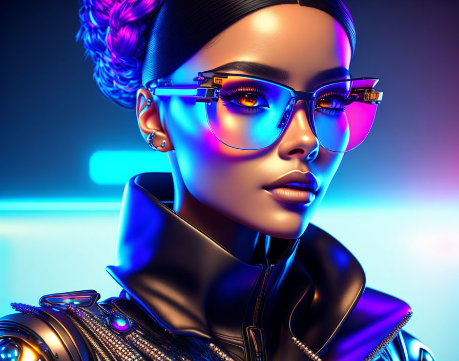 Digital portrait of woman in futuristic sunglasses and leather attire with neon lights