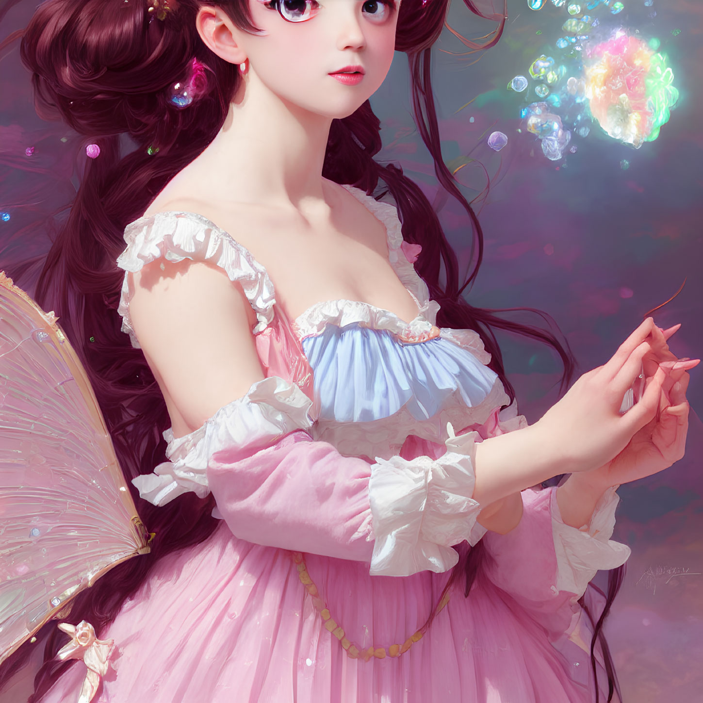 Fairy with Large Wings in Pink and Blue Dress and Bubbles