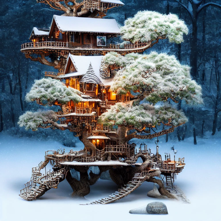 Enchanted multi-level treehouse in snowy twilight landscape