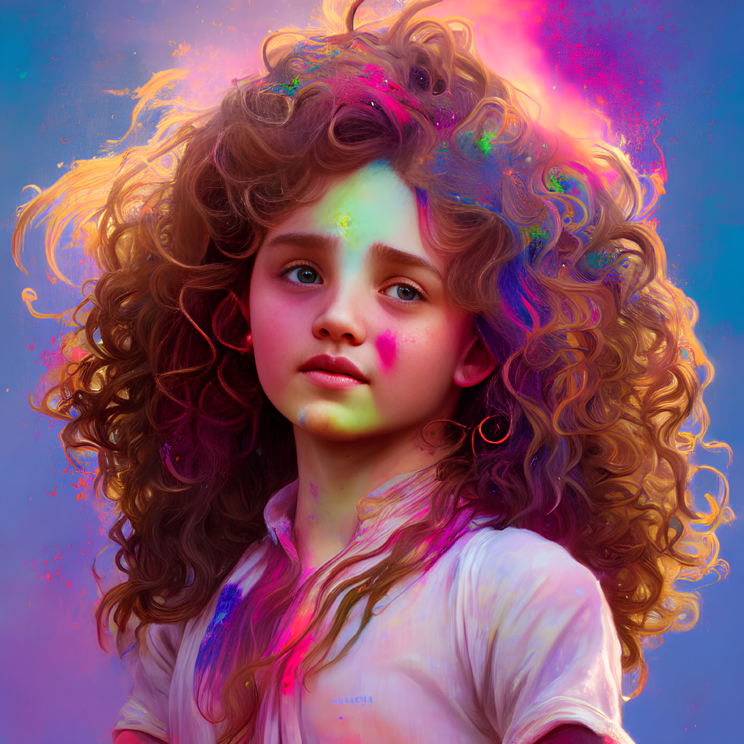 Vibrant digital portrait of young girl with curly hair and paint splashes on purple background