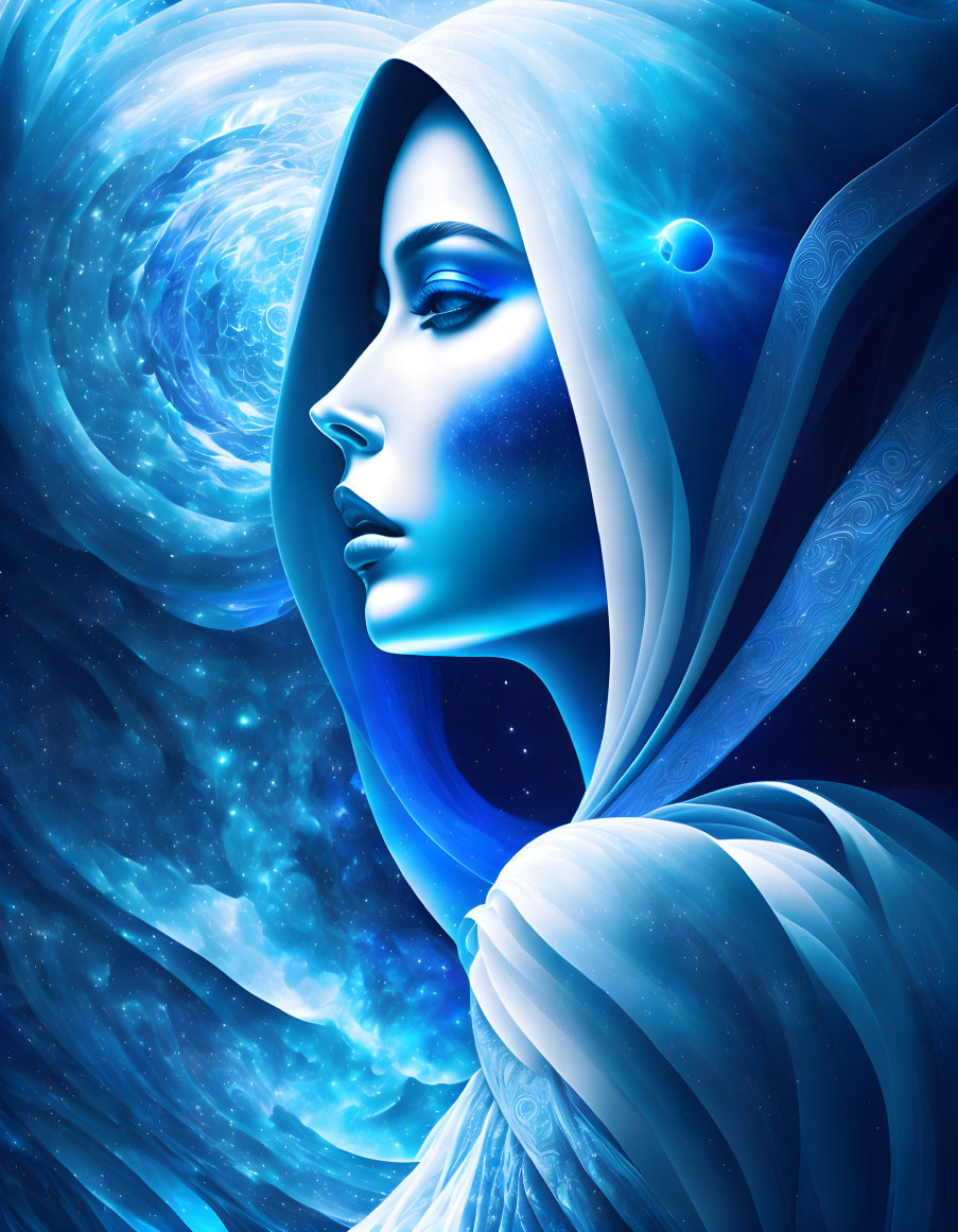 Digital artwork featuring woman with cosmic features in shades of blue