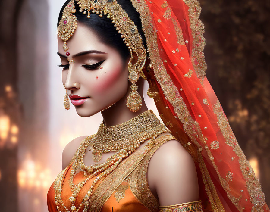 Traditional Indian bridal attire with gold jewelry and red saree.