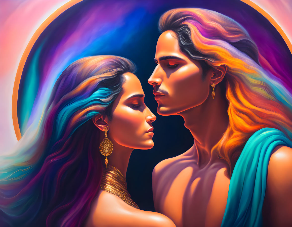 Colorful digital artwork: man and woman in profile, foreheads touching