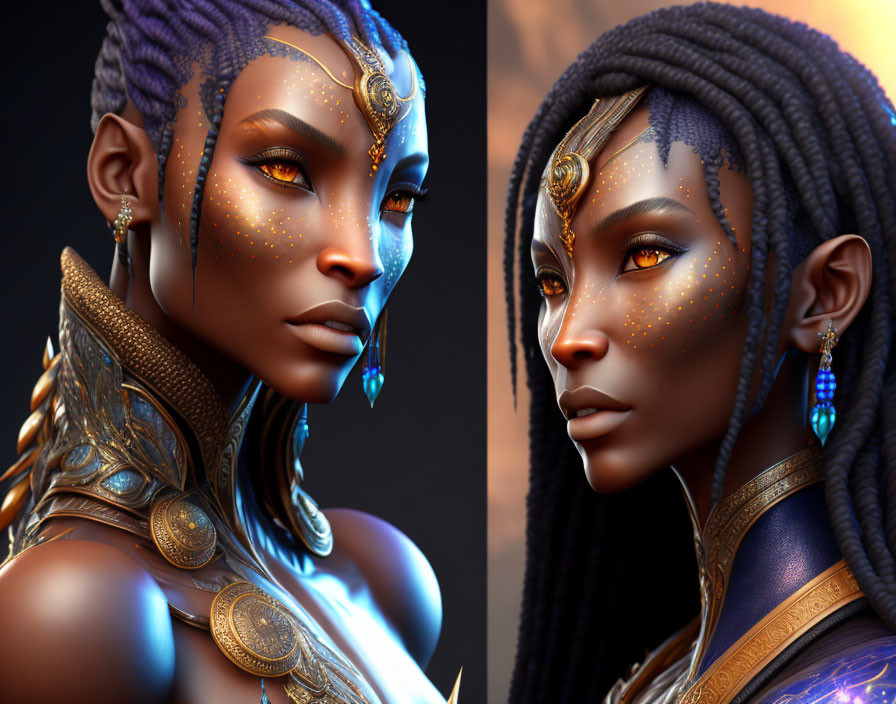 Digital artwork of individual with dark skin, gold facial markings, blue braids, ornate gold and