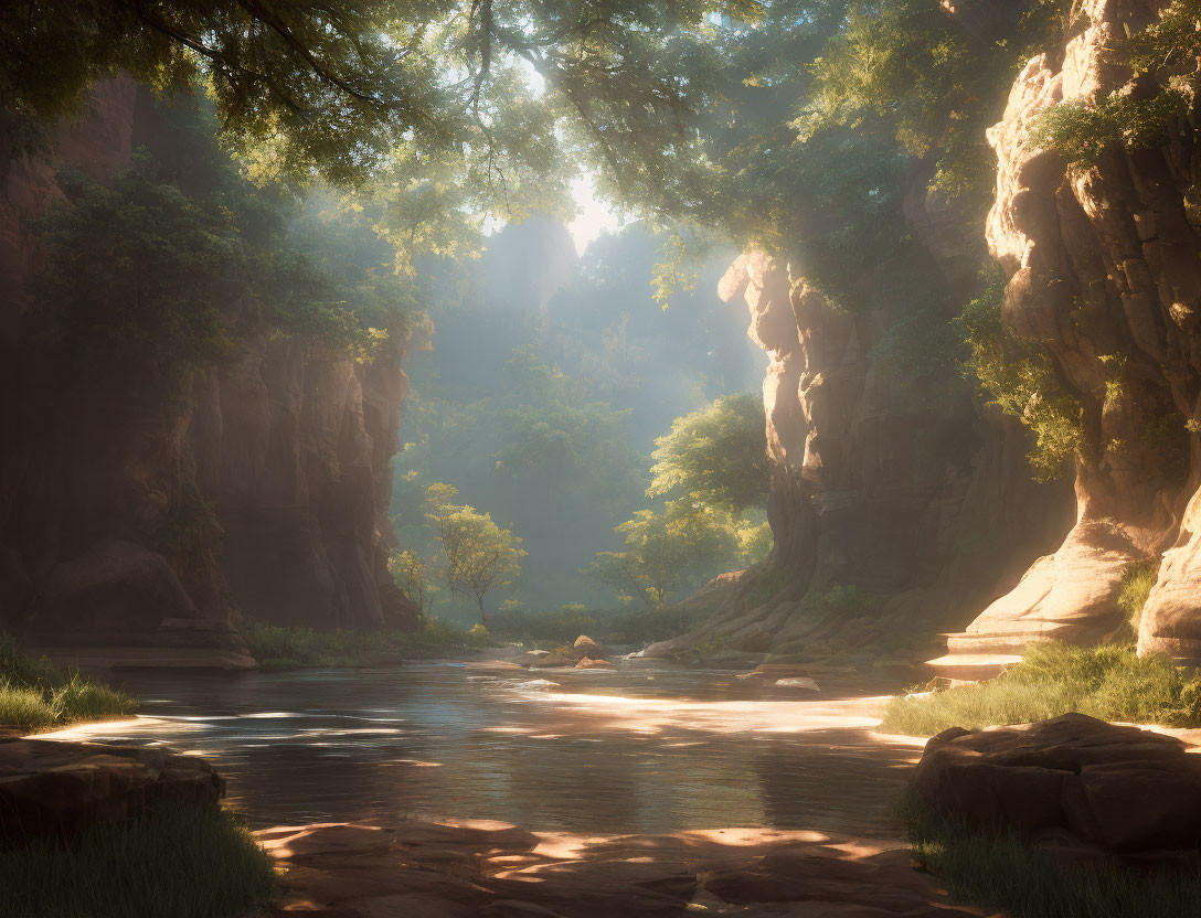 Forest river under sunlight with rock walls and greenery