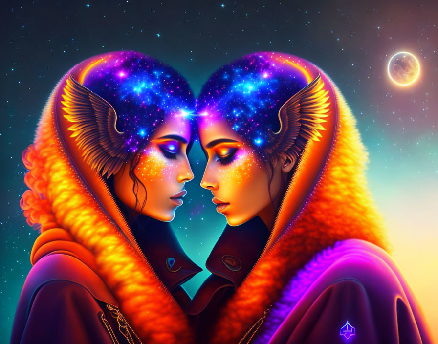 Stylized women with galaxy hair and wings in heart-shaped aura under starry sky