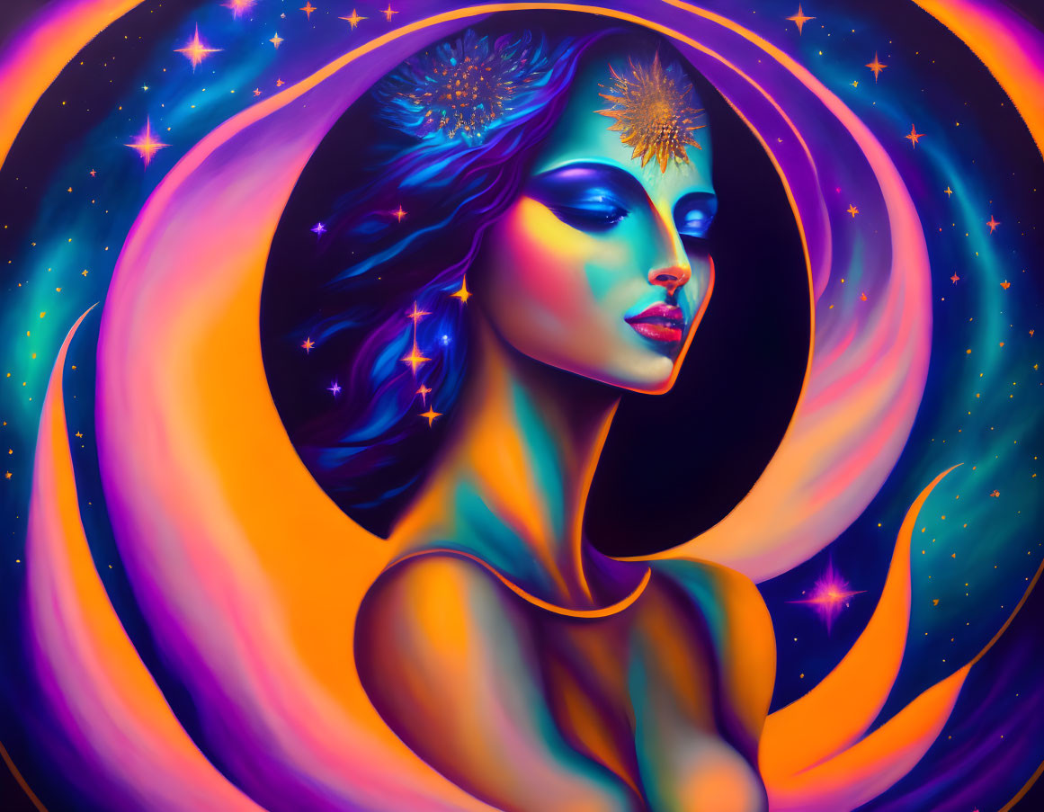 Cosmic-themed painting of woman with stars and moon.