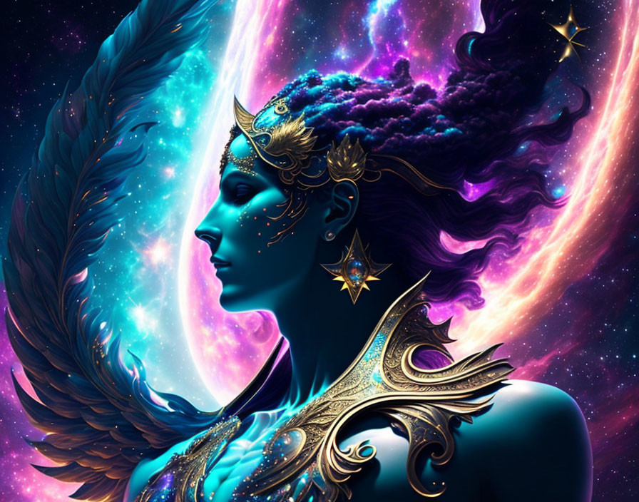 Blue-skinned mystical female with galaxy headdress and glowing wings in cosmic scene