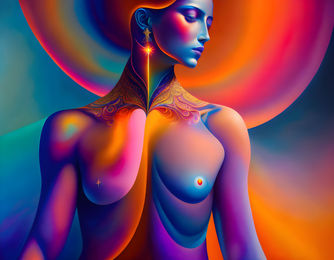 Vibrant woman illustration with surreal background & glowing earring