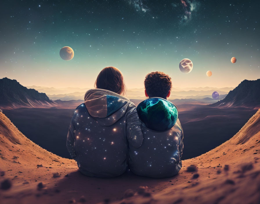 Two individuals stargazing on a sand dune under multiple moons and planets above an alien mountainous