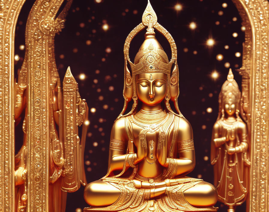 Golden Buddha statue meditating with smaller statues under starry sky and ornate arches