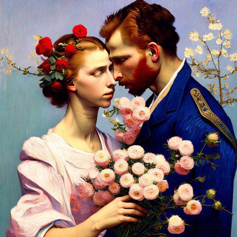 Man in Blue Jacket Whispering to Woman in Pink Dress with Flowers on Blue Background