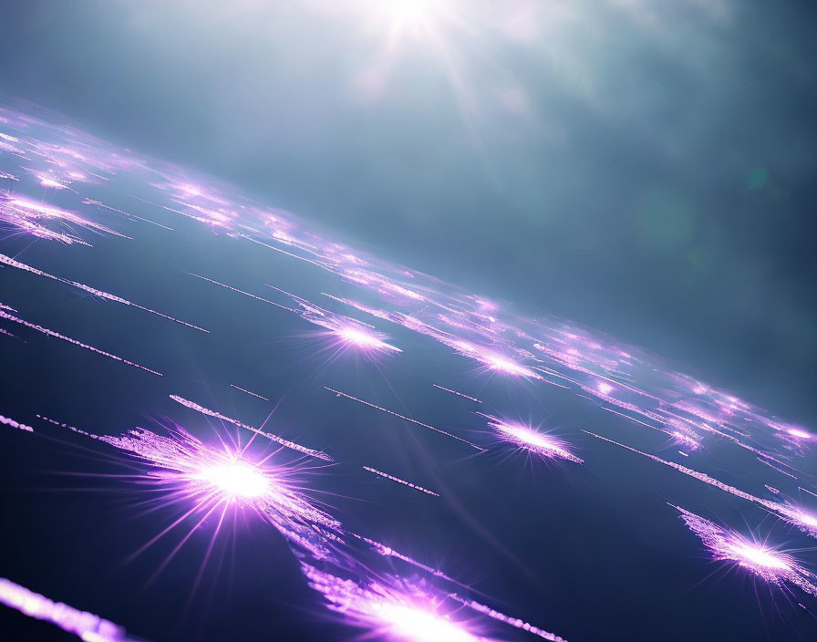 Purple particles create bright light flares on blue background