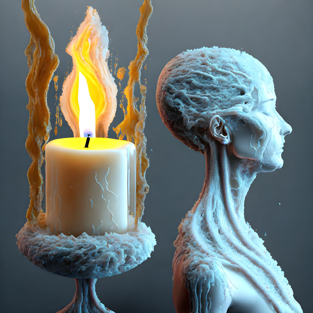 Surreal image of lit candle with dynamic wax streams and human head profile coated in wax-like substance