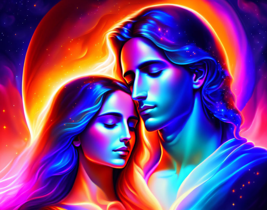 Colorful cosmic illustration of man and woman symbolizing unity