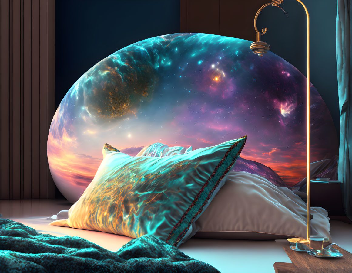 Cosmic-themed surreal bedroom with moon-shaped window