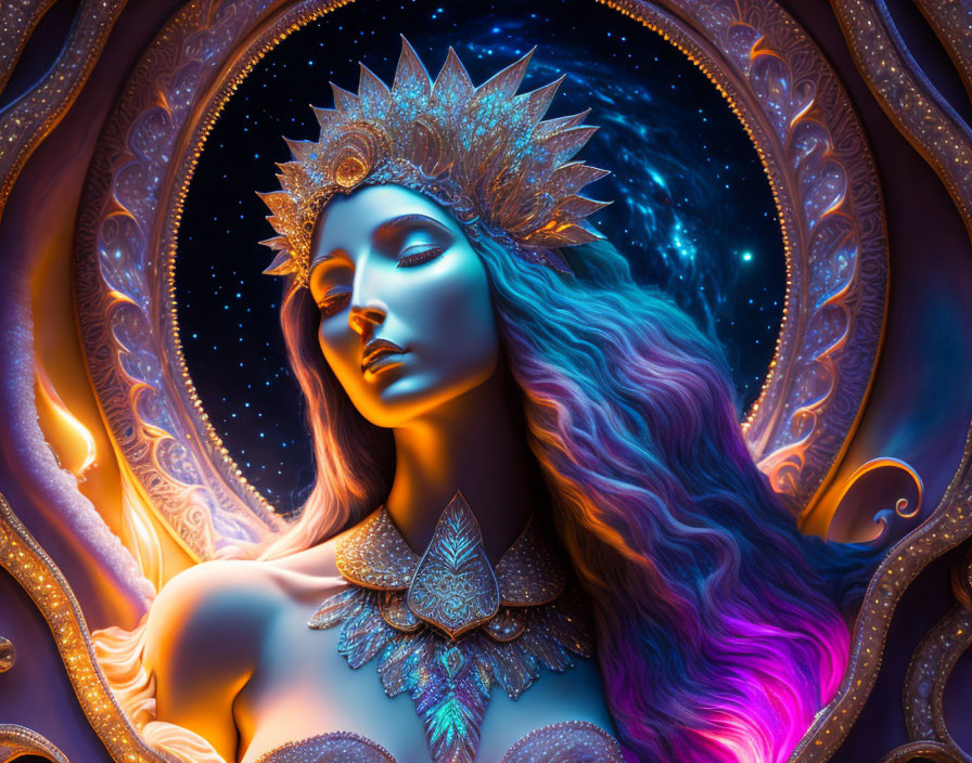 Digital artwork: Woman with glowing crown, wavy hair, and cosmic backdrop in ornate frame