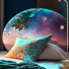 Cosmic-themed surreal bedroom with moon-shaped window