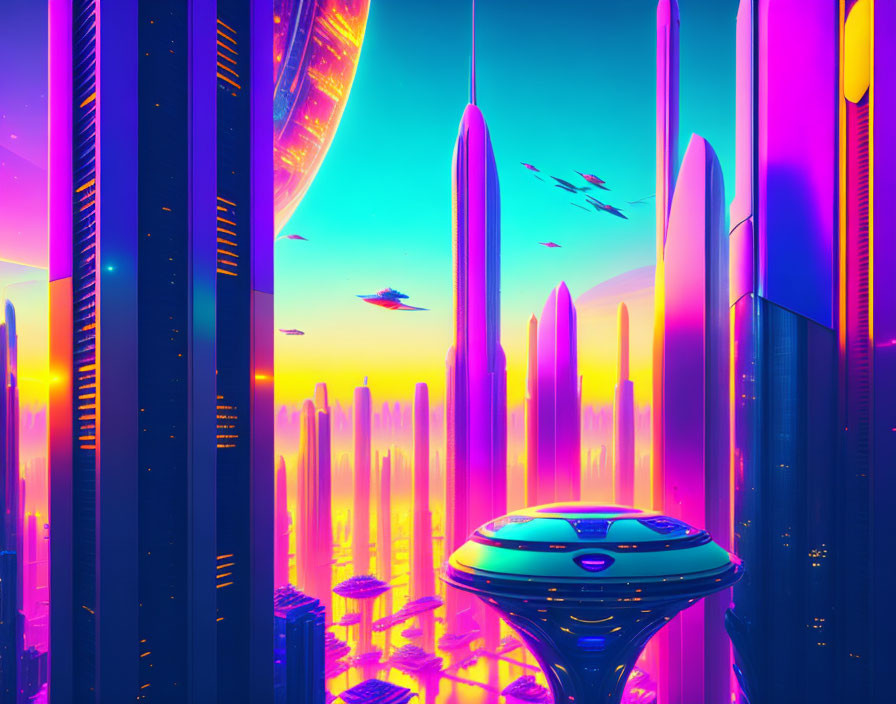 Futuristic cityscape with neon skyscrapers and flying vehicles