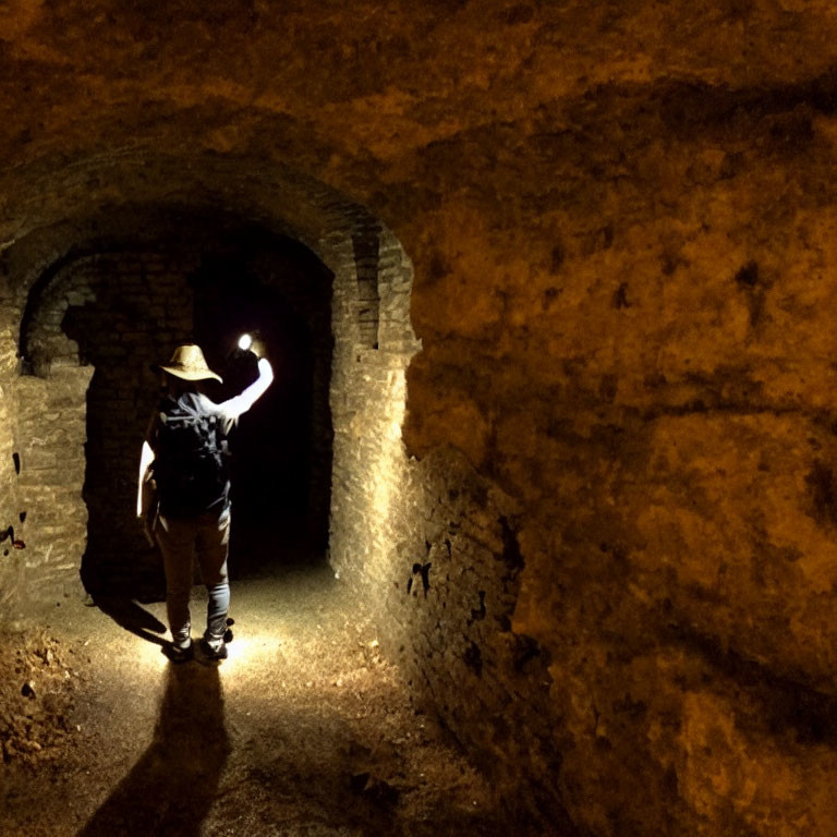 Person in hat explores dimly lit underground tunnel with handheld light