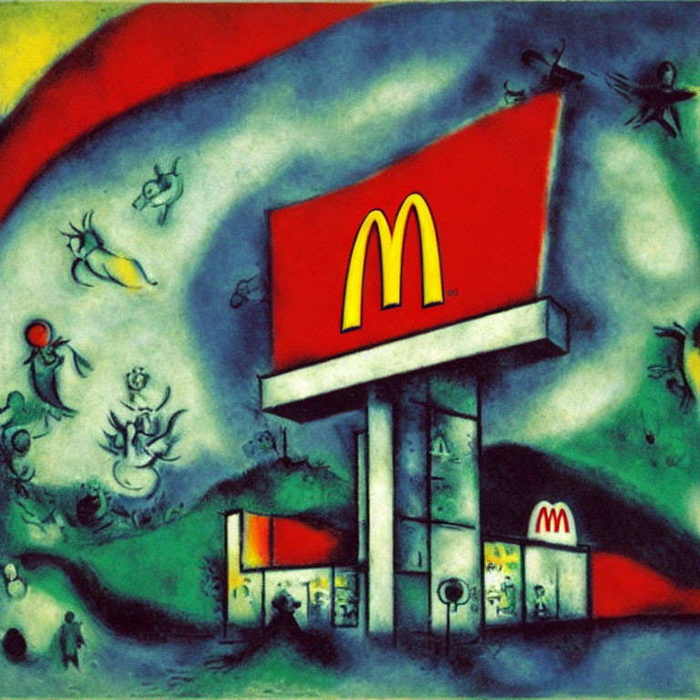 Surreal artwork of distorted McDonald's in dreamlike landscape