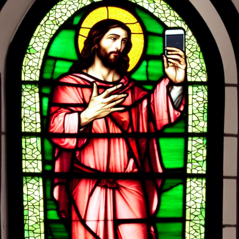 Stained glass window with figure in red robe holding smartphone