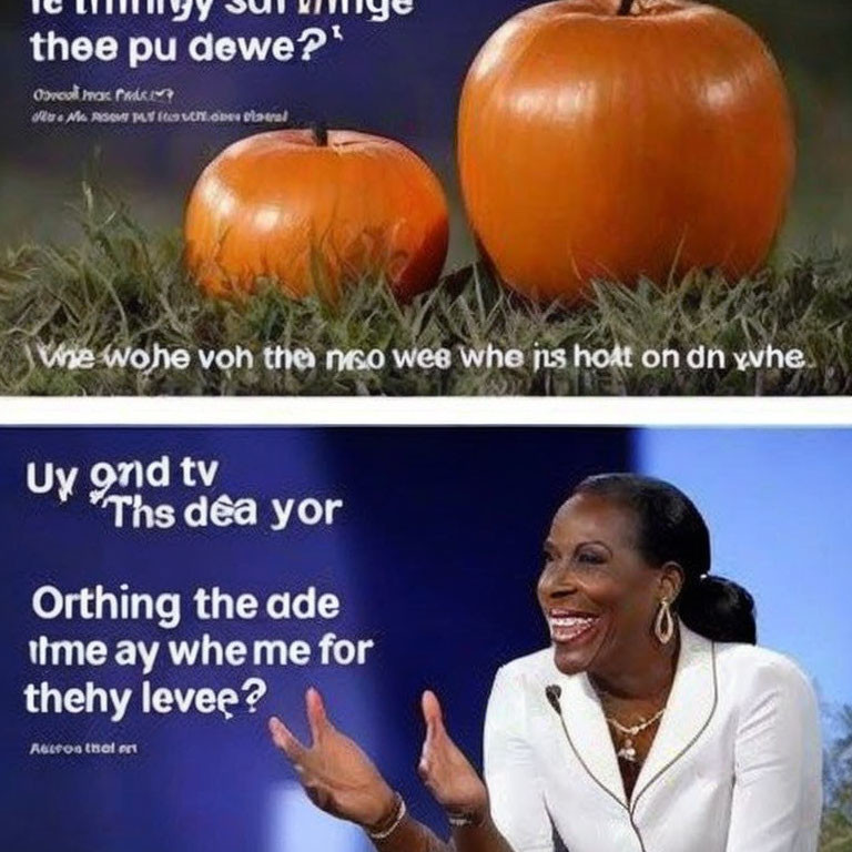 Two pumpkins with jumbled text overlay and a laughing woman with scrambled captions.