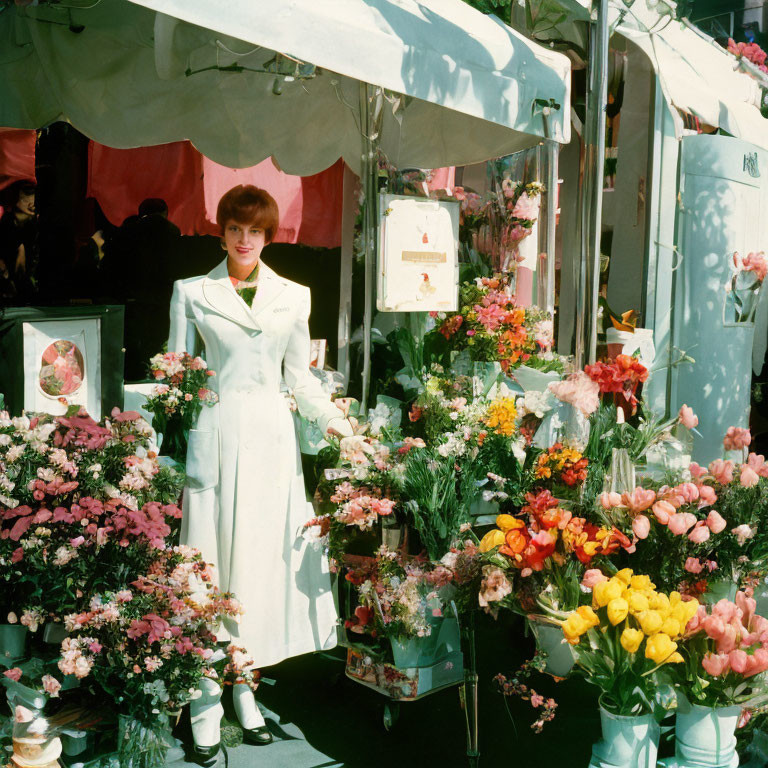 Woman in Light Blue Dress at Colorful Flower Stall