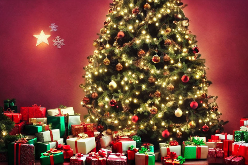 Festive Christmas tree with twinkling lights and wrapped gifts on red background