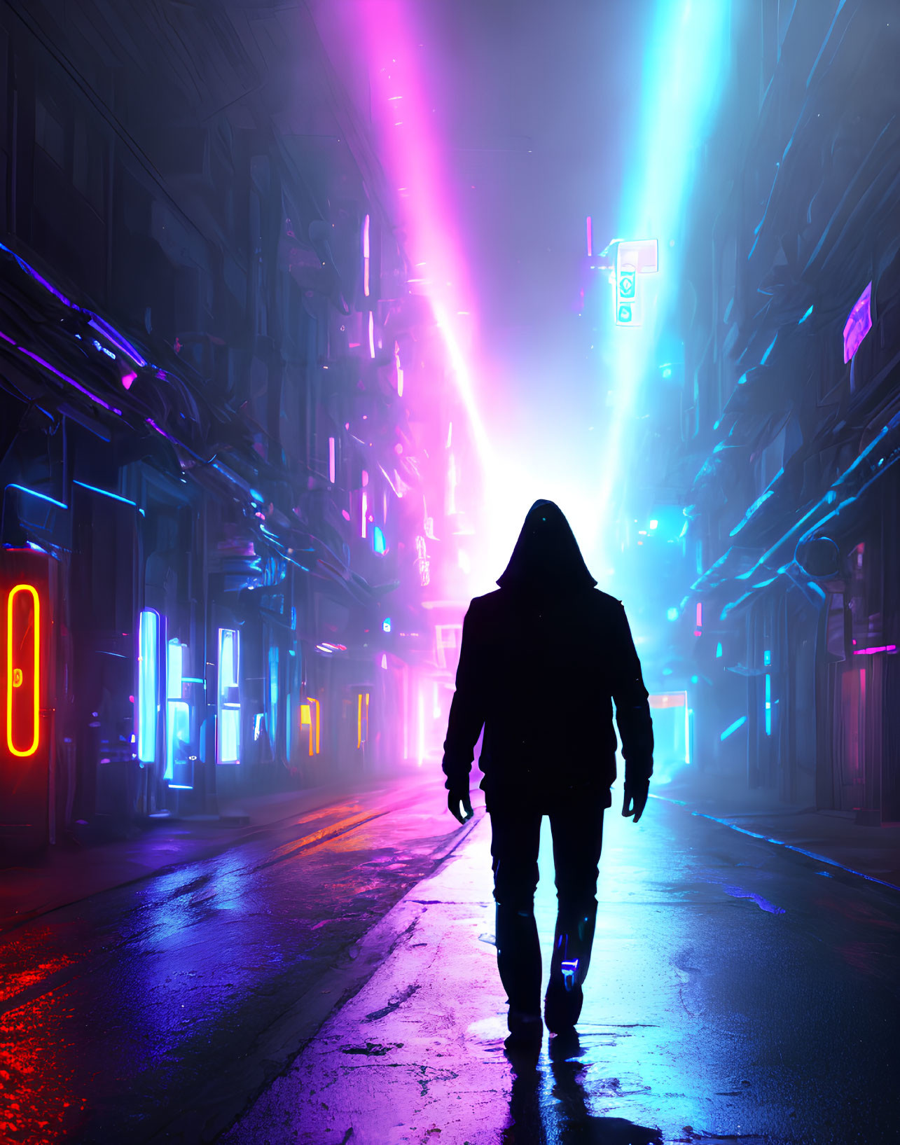 Silhouette of person in neon-lit futuristic cityscape