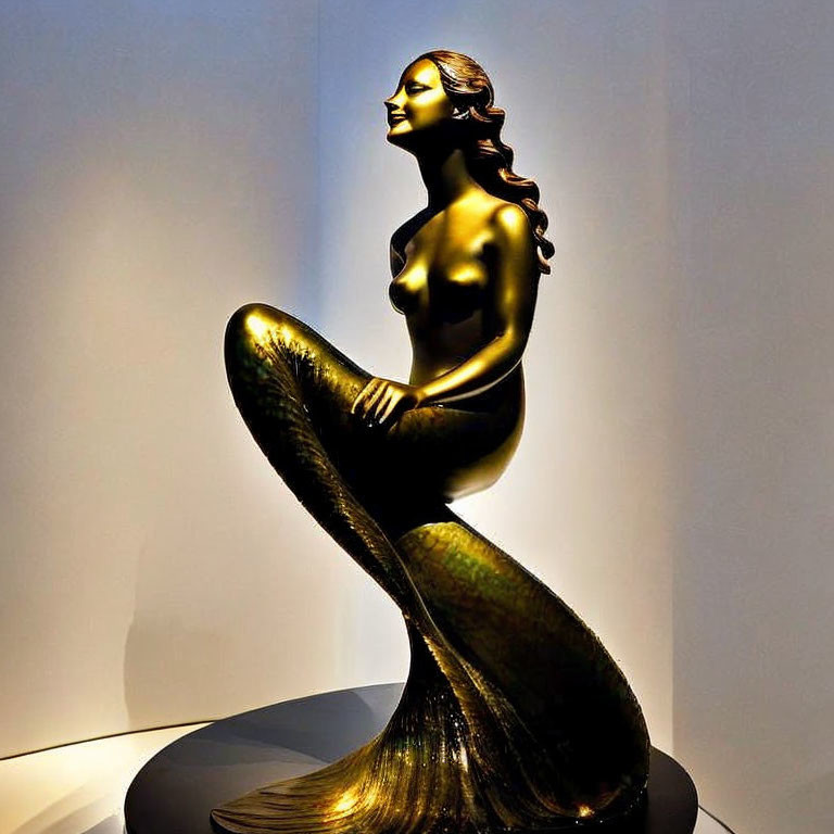 Golden mermaid statue with serene expression and fishlike tail.