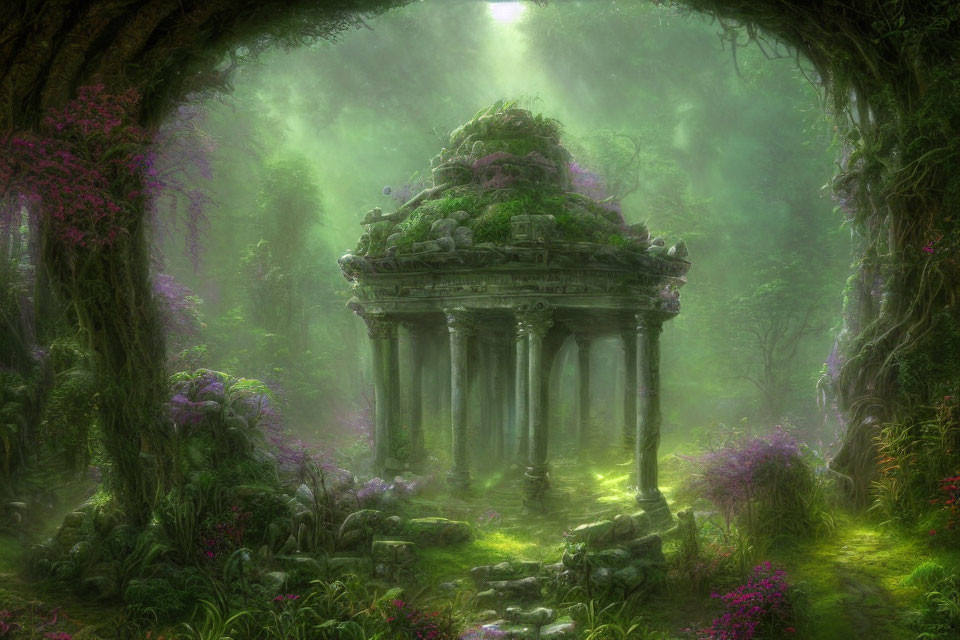 Ancient temple ruins in lush green forest with pink blossoms, fog, and sunlight