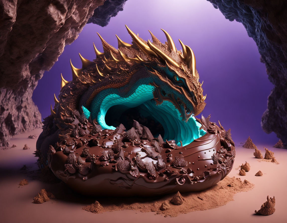 Golden-Spiked Dragon Coiled in Melting Chocolate Sea