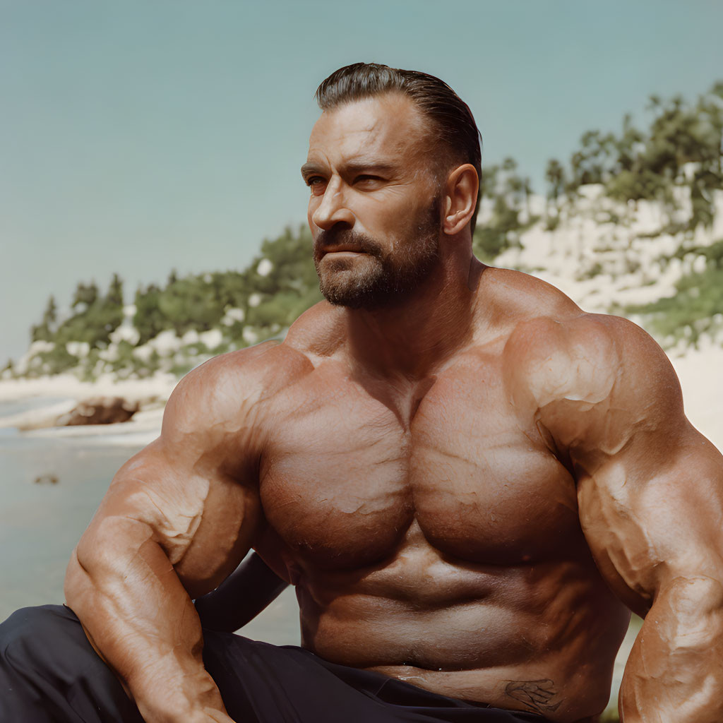 Bearded man sitting on beach with trees and clear skies