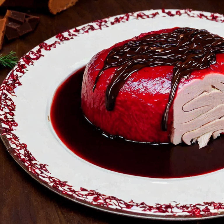 Red glossy dessert with chocolate drizzle on decorative plate