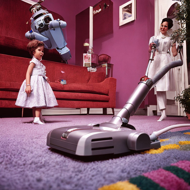 Retro-futuristic domestic scene with woman, child, and robot in purple room