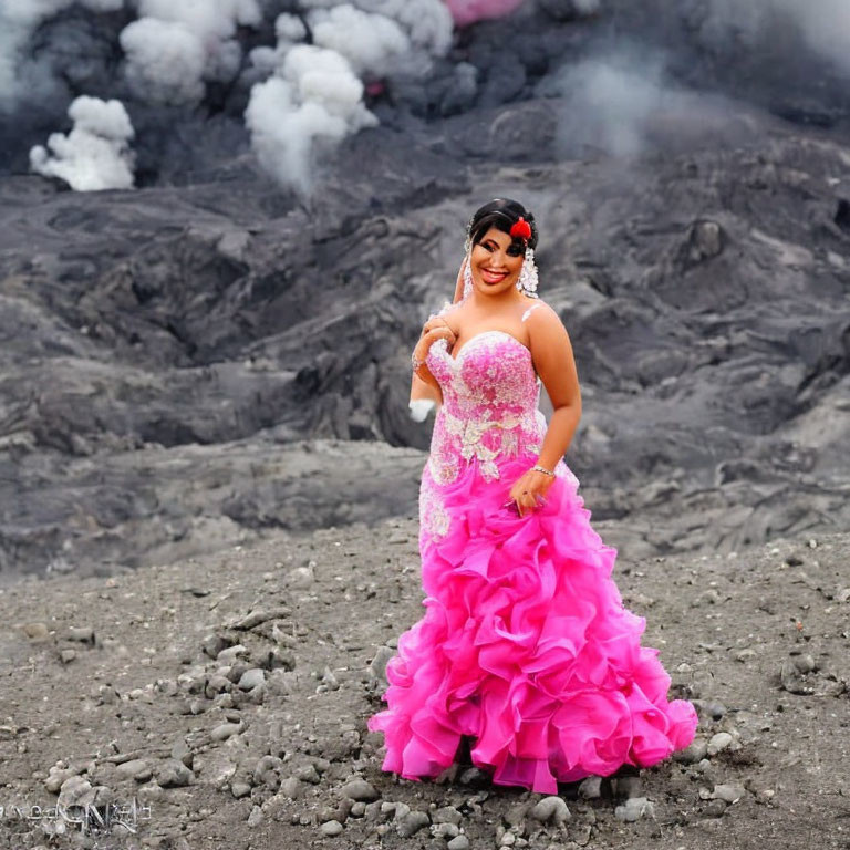 Vibrant pink dress against dark volcanic landscape with rising smoke