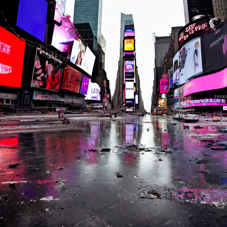 Vibrant billboards reflect on wet Times Square streets under a cloudy sky