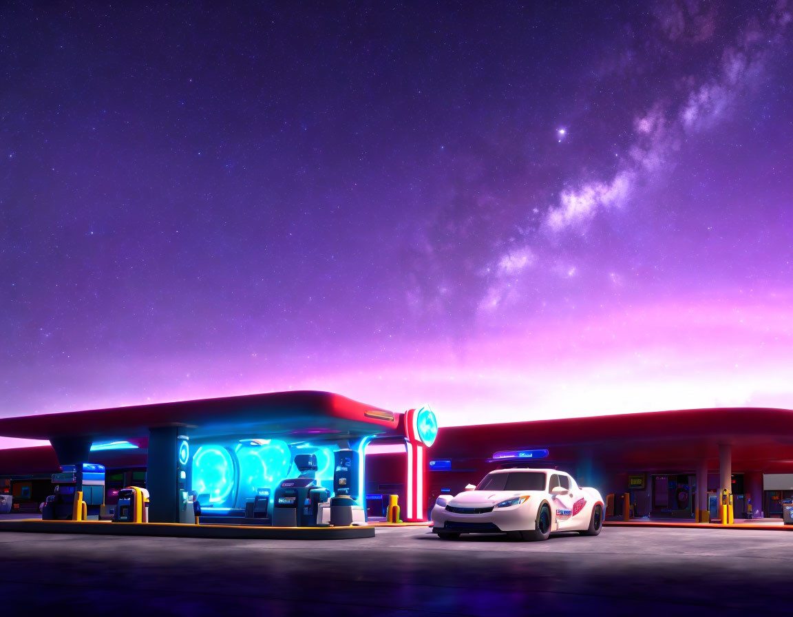 Futuristic digital artwork of neon-lit gas station with white car