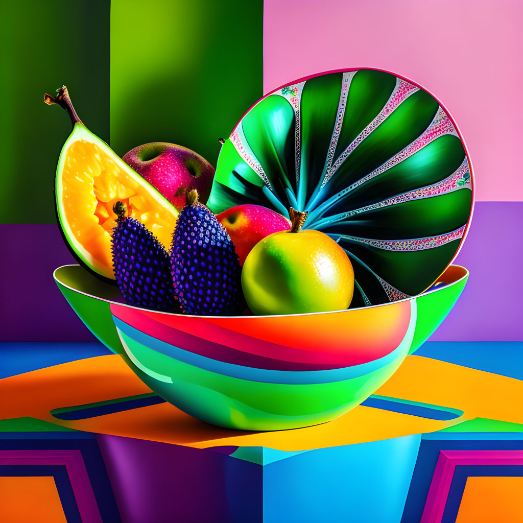 Colorful Digital Art: Bowl of Fruit on Geometric Background