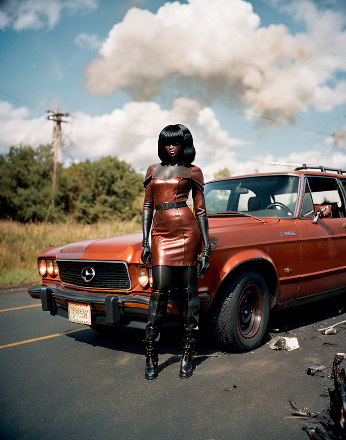 Mannequin in Metallic Dress and Boots by Classic Red Car