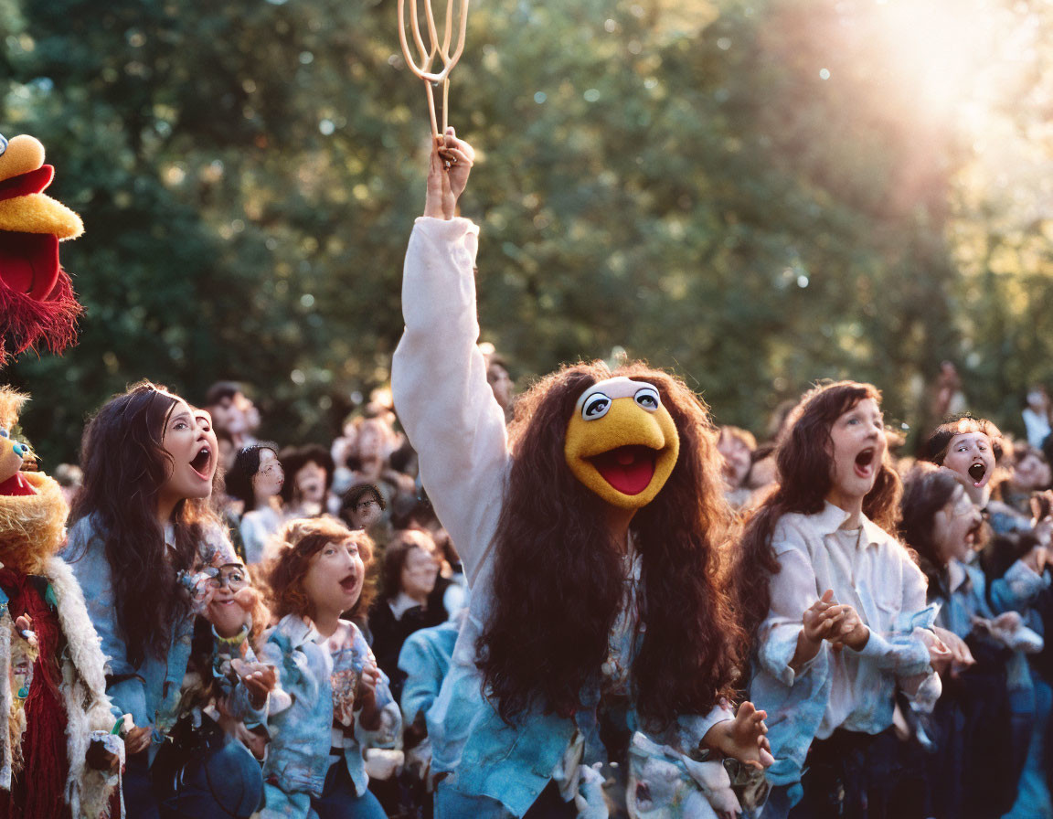 Crowd and Muppet characters under sunlit sky