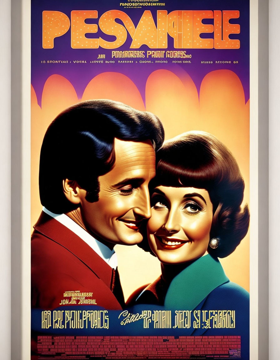 Vintage Movie Poster with Smiling Man and Woman Profiles in Greek Credits